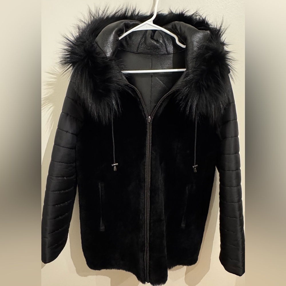 Beautiful Belle Fare Reversible Shearling Jacket with Fox Fur Trim Hood